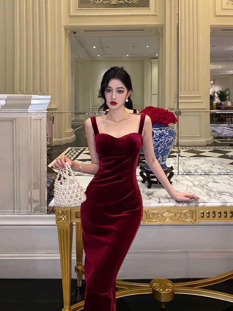 Simple Sheath Straps Burgundy Velvet Date Night Dress Prom Dresses Birthday Outfit SD747