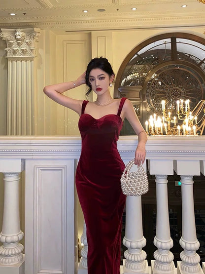 Simple Sheath Straps Burgundy Velvet Date Night Dress Prom Dresses Birthday Outfit SD747