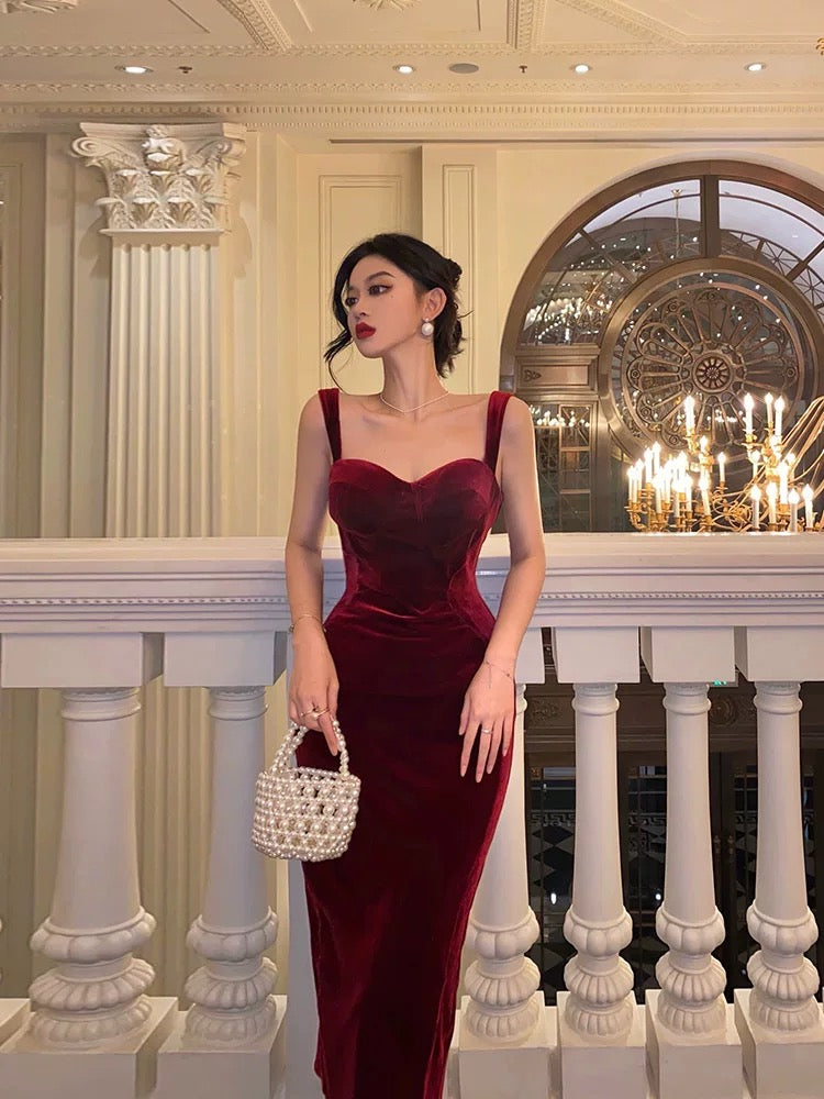 Simple Sheath Straps Burgundy Velvet Date Night Dress Prom Dresses Birthday Outfit SD747