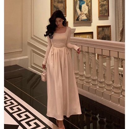 Simple A Line Square Neckline Long Sleeves Ankle Length Prom Dresses Birthday Outfits SD750