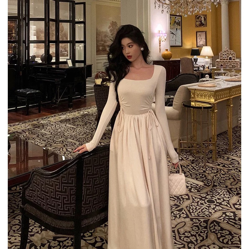 Simple A Line Square Neckline Long Sleeves Ankle Length Prom Dresses Birthday Outfits SD750