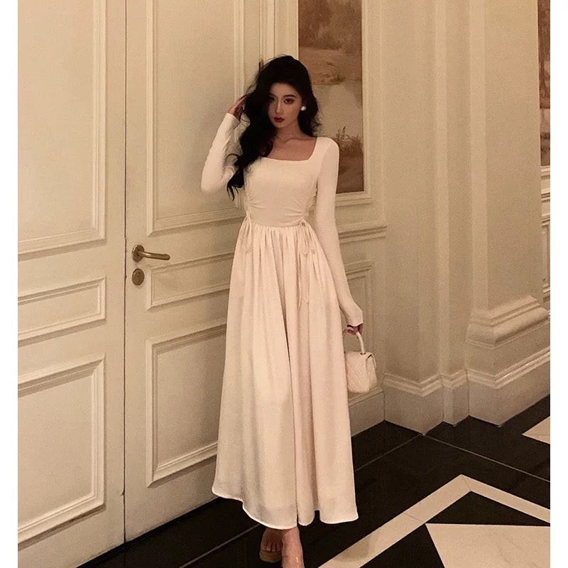 Simple A Line Square Neckline Long Sleeves Ankle Length Prom Dresses Birthday Outfits SD750