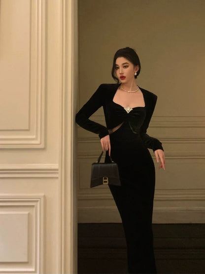 Gorgeous Sheath Strapless Long Sleeves Black Date Night Dress Prom Dresses Birthday Outfit SD755