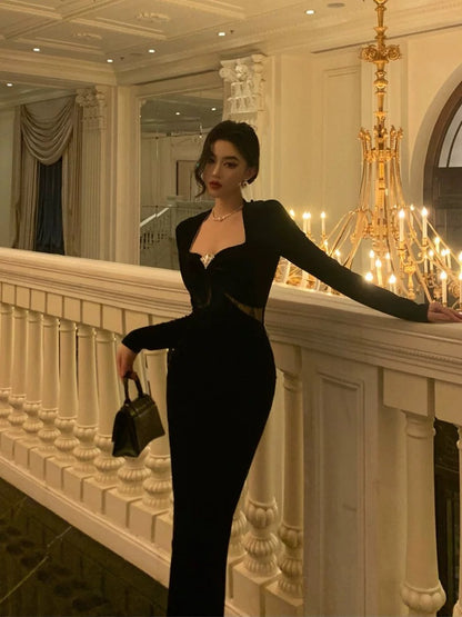 Gorgeous Sheath Strapless Long Sleeves Black Date Night Dress Prom Dresses Birthday Outfit SD755