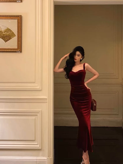 Sexy Sheath Square Neckline Burgundy Velvet Date Night Dress Prom Dresses Birthday Outfits SD761