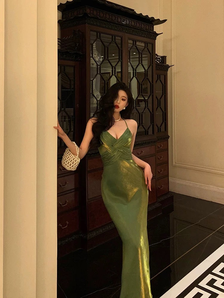 Sexy Sheath Halter Green Satin Date Night Dress Prom Dresses Birthday Outfits SD763