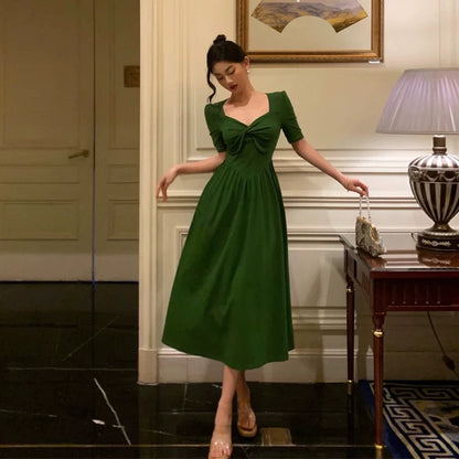 Stunning A Line Square Neckline Half Sleeves Dark Green Pleated Prom Dresses Birthday Outfit SD775
