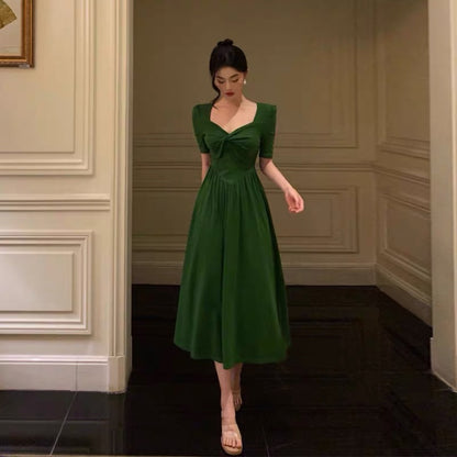 Stunning A Line Square Neckline Half Sleeves Dark Green Pleated Prom Dresses Birthday Outfit SD775