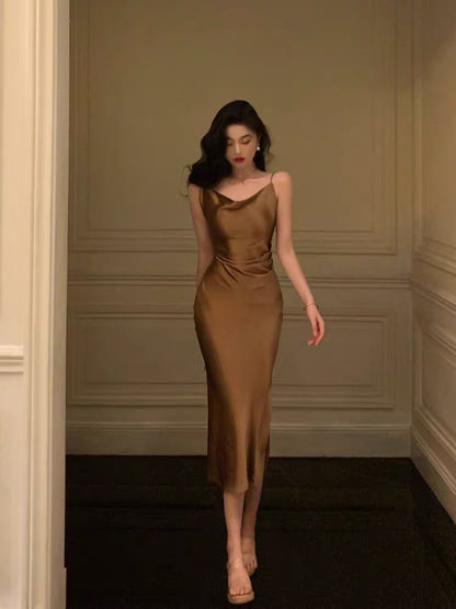 Sexy Sheath Spaghetti Straps Brown Satin Tea Length Slit Prom Dresses Birthday Outfit SD776