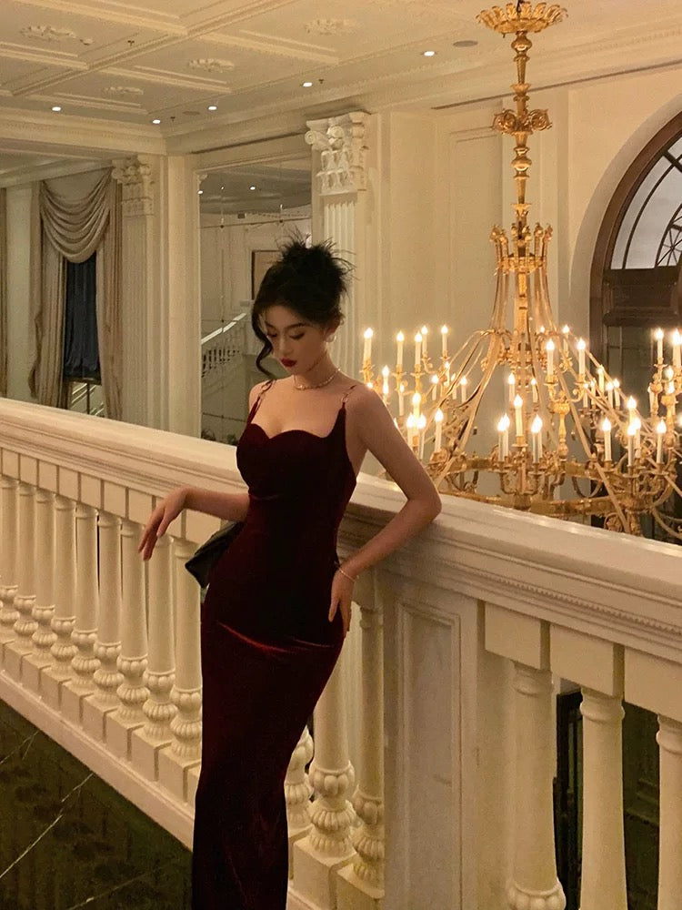 Gorgeous Sheath Spaghetti Straps Velvet Date Night Dress Red Prom Dresses Birthday Outfits SD780