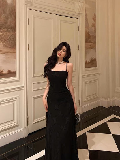 French A line Spaghetti Straps Black Long Lace Prom Dresses Birthday Outfits Evening Gown SD789