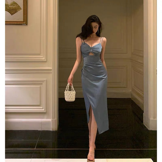 Stunning Sheath Spaghetti Straps Dusty Blue Date Night Dress Prom Dresses Birthday Outfit SD800