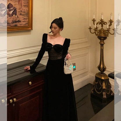 Pretty A Line Square Neckline Long Sleeves Black Velvet Prom Dresses Birthday Outfits Evening Gown SD804