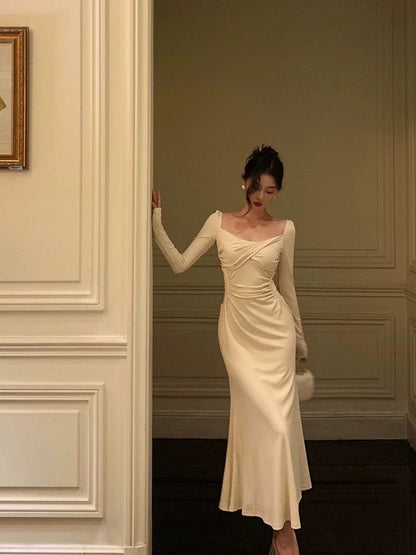 Pretty A Line Square Neckline Long Sleeves Ivory Prom Dresses Birthday Outfits Evening Gown SD806