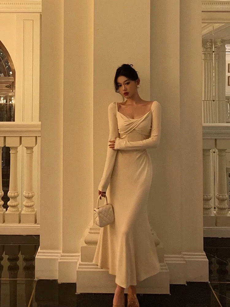 Pretty A Line Square Neckline Long Sleeves Ivory Prom Dresses Birthday Outfits Evening Gown SD806