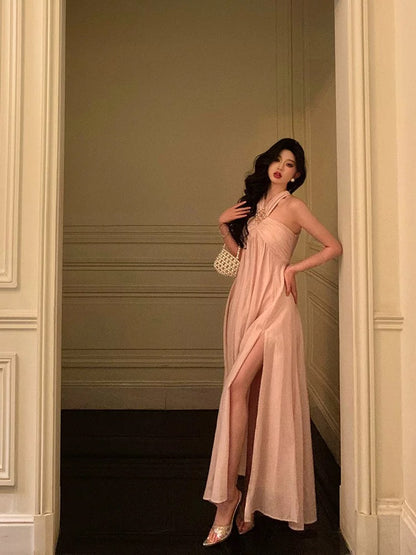 Stunning A Line Halter Neckline Long Date Night Dress Pink Prom Dresses Birthday Outfit SD817