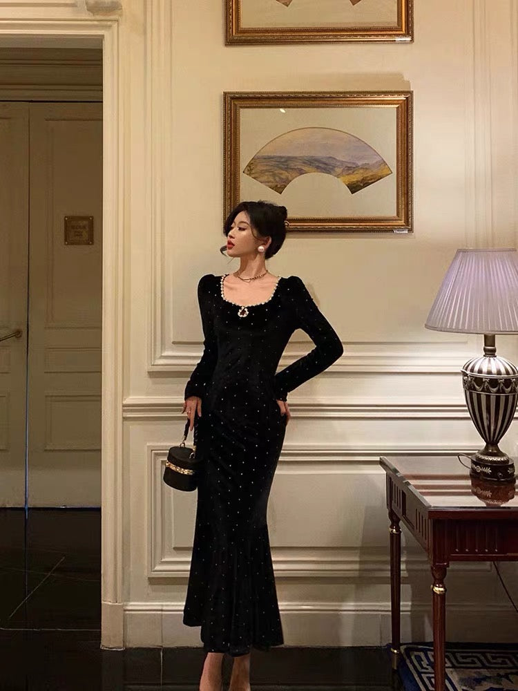 Classy Mermaid Square Neckline Long Sleeves Black Velvet Prom Dresses Birthday Outfits SD836