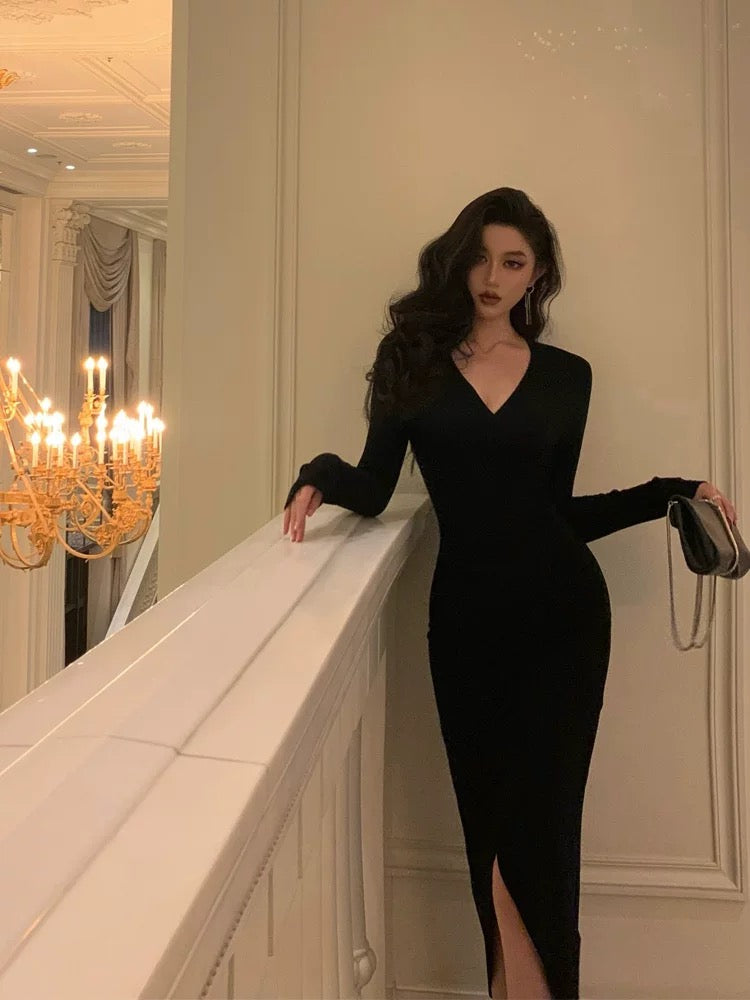 Sexy Sheath V Neckline Long Sleeves Black Slit Prom Dresses Birthday Outfits SD844