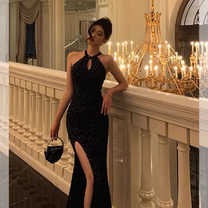 Classy Sheath Halter Sleeveless Black Sequin Prom Dresses Birthday Outfits SD846