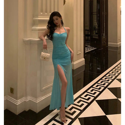 Stunning Sheath Halter Blue Date Night Dress Prom Dresses Birthday Outfit SD848