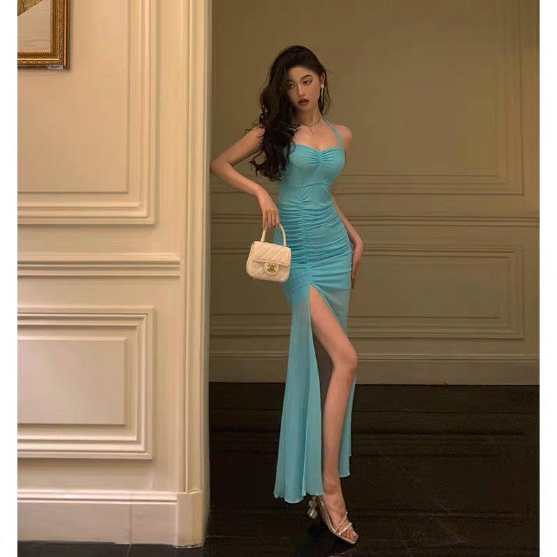 Stunning Sheath Halter Blue Date Night Dress Prom Dresses Birthday Outfit SD848