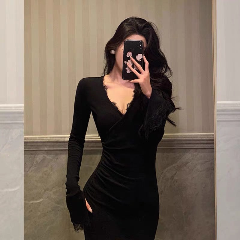 Classy Sheath V Neckline Long Sleeves Black Prom Dresses Birthday Outfits SD849