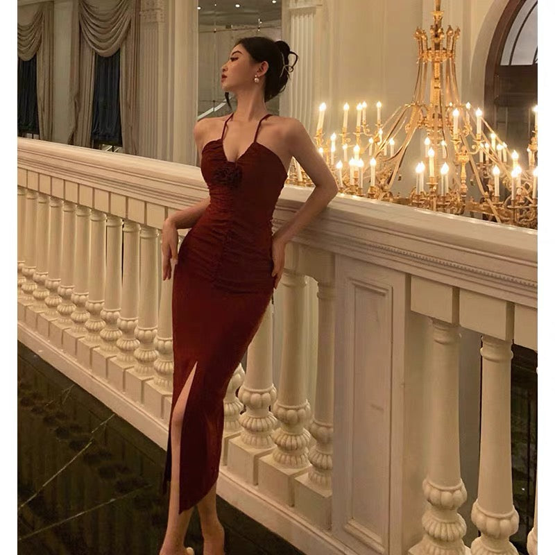 Stunning Sheath Halter Date Night Dress Prom Dresses Red Birthday Party Outfit SD855