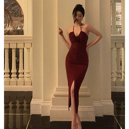 Stunning Sheath Halter Date Night Dress Prom Dresses Red Birthday Party Outfit SD855