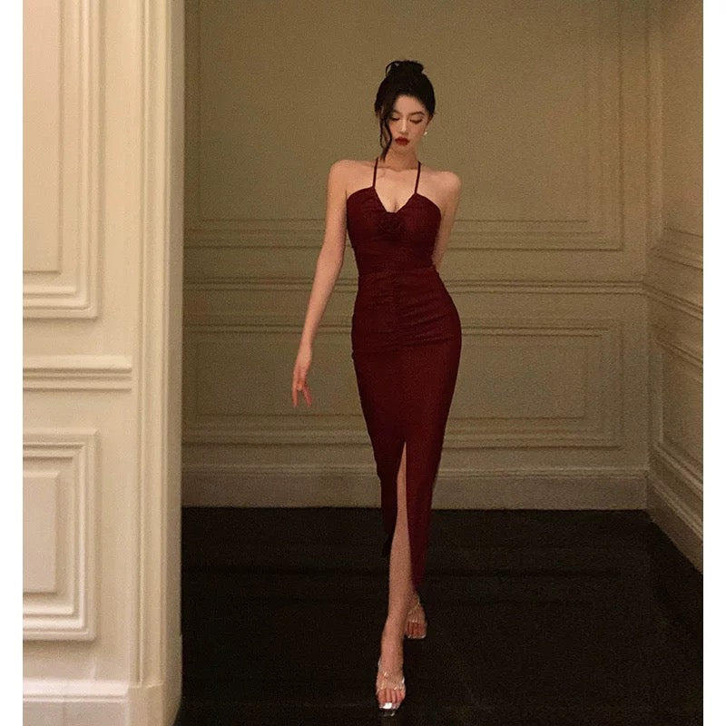 Stunning Sheath Halter Date Night Dress Prom Dresses Red Birthday Party Outfit SD855