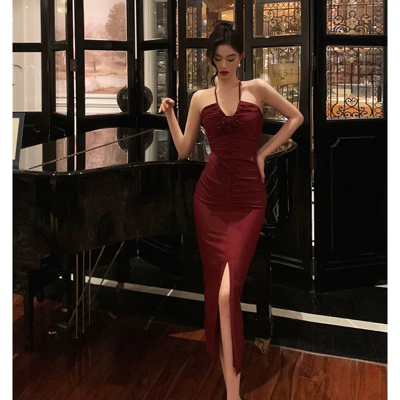 Stunning Sheath Halter Date Night Dress Prom Dresses Red Birthday Party Outfit SD855