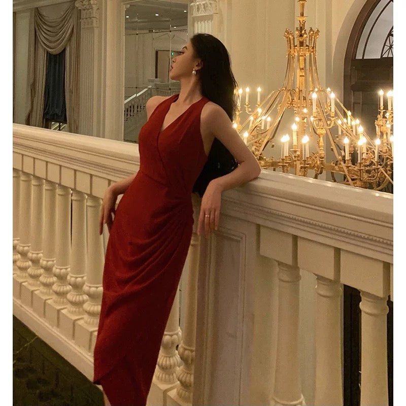 Stunning A line V neckline Sleeveless Red Date Night Dress Prom Dresses Birthday Party Outfit SD863