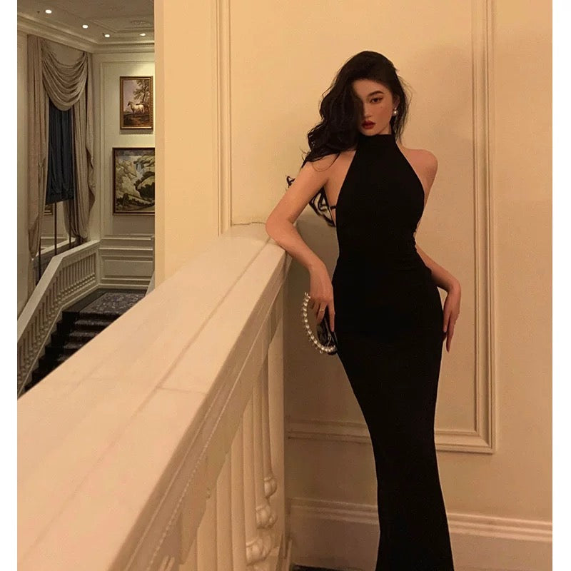 Sexy Sheath High Neckline Backless Black Prom Dresses Birthday Outfits SD865