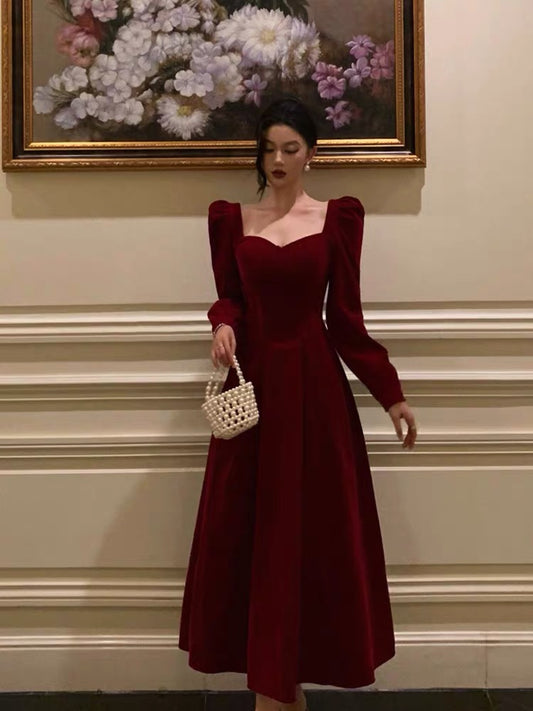 Stunning A line Square Neckline Long Sleeves Red Velvet Date Night Dress Prom Dresses Birthday Party Outfit SD872