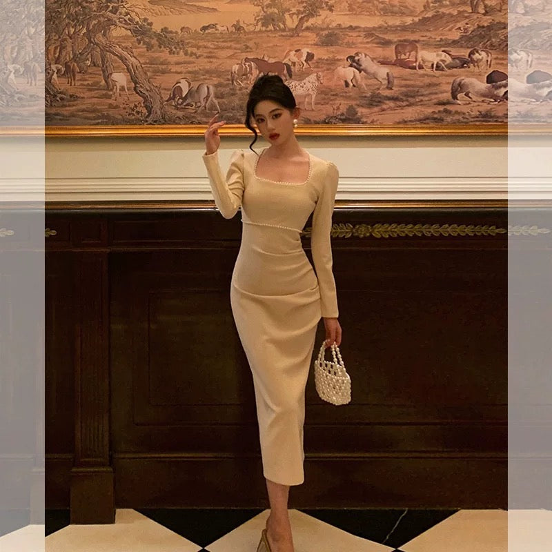 Stunning Sheath Square Neckline Long Sleeves Date Night Dress Prom Dresses Birthday Party Outfit SD881