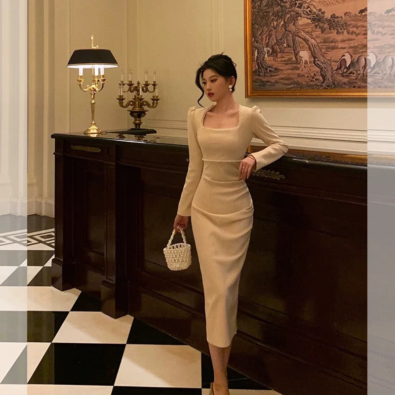 Stunning Sheath Square Neckline Long Sleeves Date Night Dress Prom Dresses Birthday Party Outfit SD881