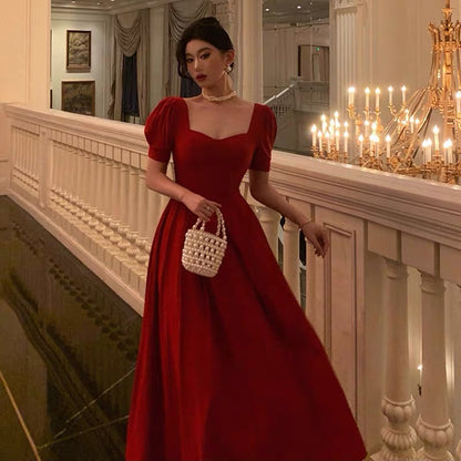 Pretty A Line Square Neckline Red Short Sleeves Date Night Dress Prom Dresses Birthday Party Outfit SD883