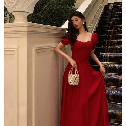 Pretty A Line Square Neckline Red Short Sleeves Date Night Dress Prom Dresses Birthday Party Outfit SD883