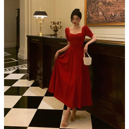 Pretty A Line Square Neckline Red Short Sleeves Date Night Dress Prom Dresses Birthday Party Outfit SD883