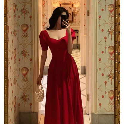 Pretty A Line Square Neckline Red Short Sleeves Date Night Dress Prom Dresses Birthday Party Outfit SD883