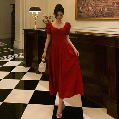 Pretty A Line Square Neckline Red Short Sleeves Date Night Dress Prom Dresses Birthday Party Outfit SD883