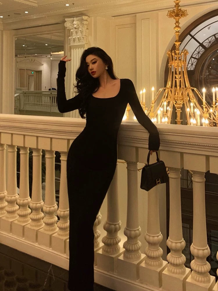 Pretty Sheath Square Neckline Long Sleeves Black Date Night Dress Prom Dresses Birthday Party Outfit SD888