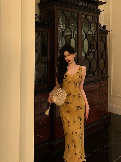 Pretty Sheath V Neckline Yellow Floral Date Night Dress Prom Dresses Birthday Party Outfit SD890