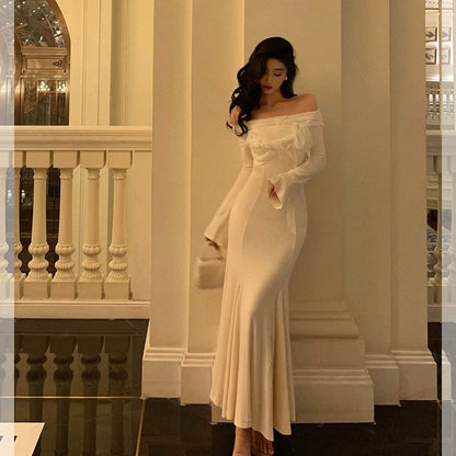 Classy Mermaid Off The Shoulder White Ruffles Long Sleeves Prom Dresses Birthday Outfits Evening Gown SD891