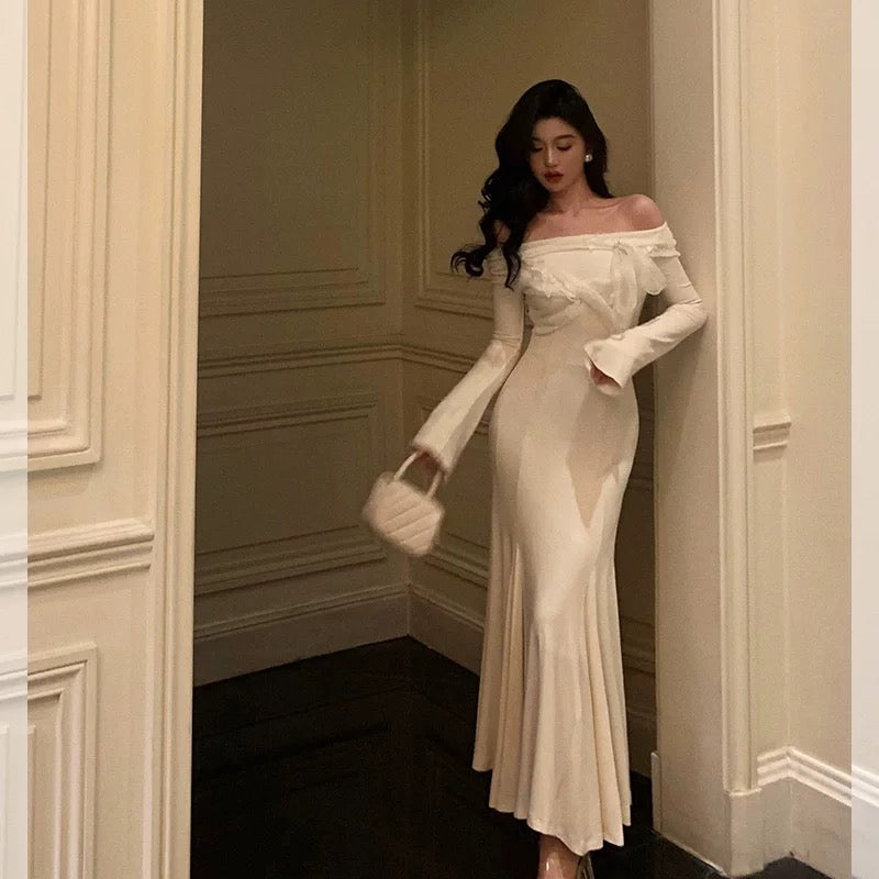 Classy Mermaid Off The Shoulder White Ruffles Long Sleeves Prom Dresses Birthday Outfits Evening Gown SD891