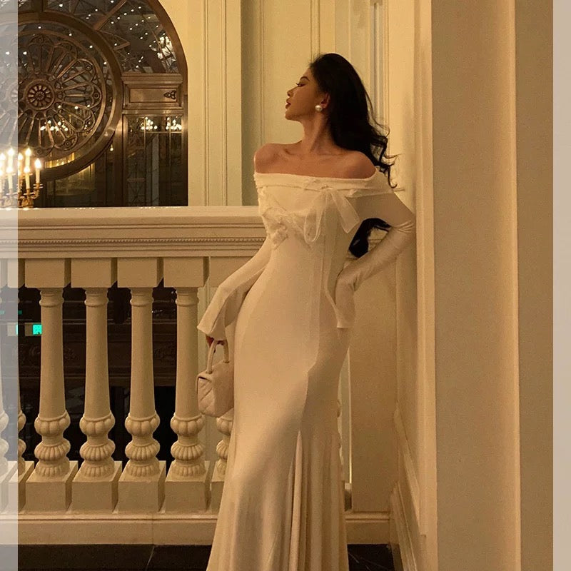 Classy Mermaid Off The Shoulder White Ruffles Long Sleeves Prom Dresses Birthday Outfits Evening Gown SD891