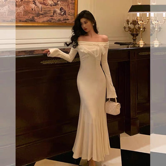 Classy Mermaid Off The Shoulder White Ruffles Long Sleeves Prom Dresses Birthday Outfits Evening Gown SD891