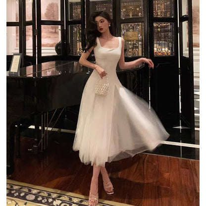 Pretty A line Straps White Date Night Dress Tulle Prom Dresses Birthday Party Outfit SD893