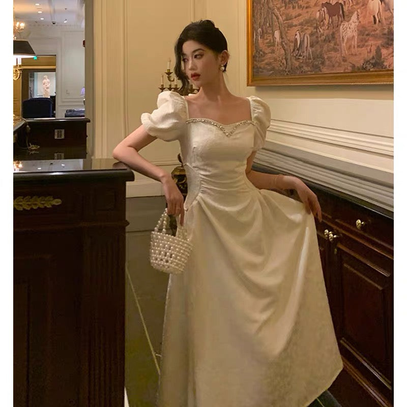 Classy French A line Short Sleeves Ivory Satin Prom Dresses Birthday Outfits Evening Gown SD896