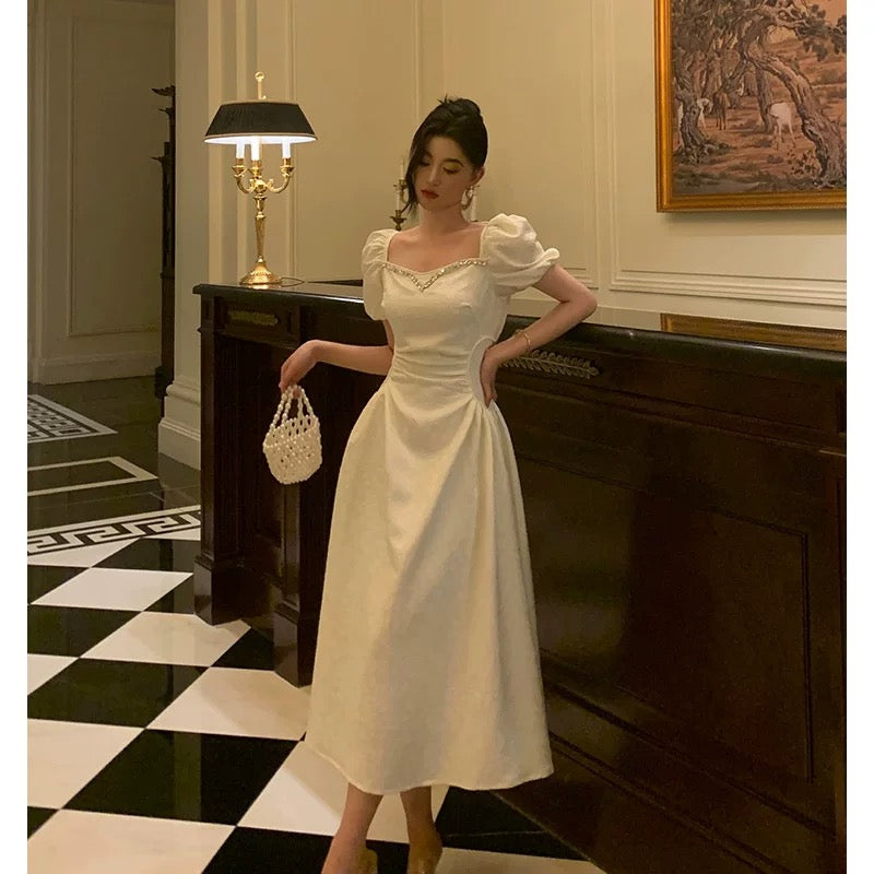 Classy French A line Short Sleeves Ivory Satin Prom Dresses Birthday Outfits Evening Gown SD896