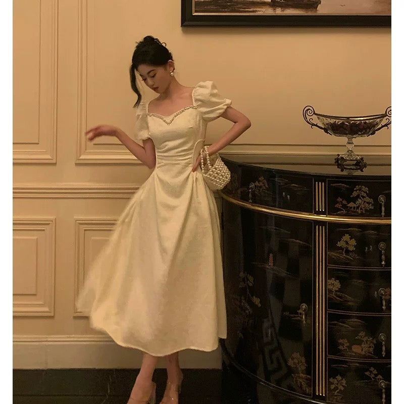 Classy French A line Short Sleeves Ivory Satin Prom Dresses Birthday Outfits Evening Gown SD896